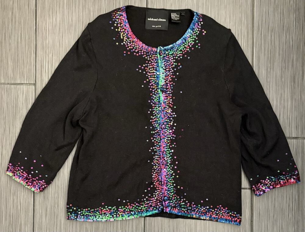 Vintage Michael Simon Rainbow Sequins Trimmed Black Cardigan Sweater Large